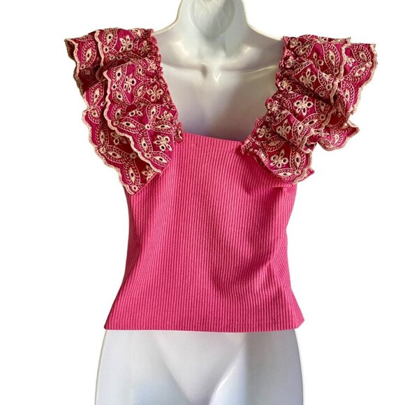 Bunulu Pink Ribbed Textured Top with Detailed Short Sleeves Women's Small - Picture 6 of 11